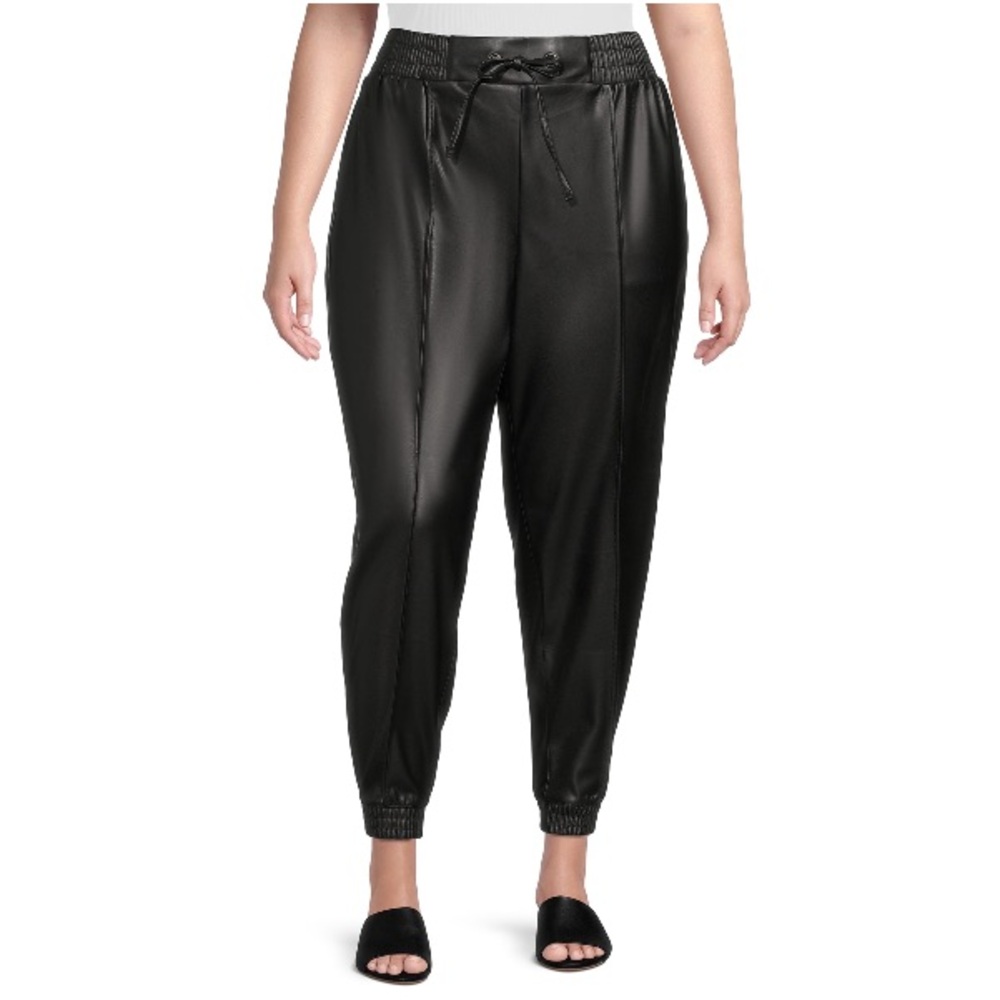 Terra & Sky Plus Size Faux Leather Joggers Black High Rise Pintuck Pants Size 0X